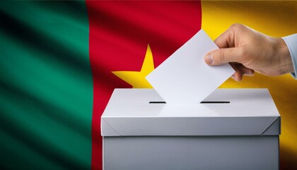 カメルーンの国旗の背景と投票箱と投票する手。選挙。(Cameroon flag background and ballot box and hand voting. election.)
