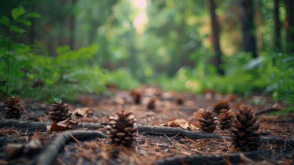 Sticker - Close-up view of forest path with cones and roots, low angle in natural scenery with blurred background. Shallow depth of field in park, environmental context.