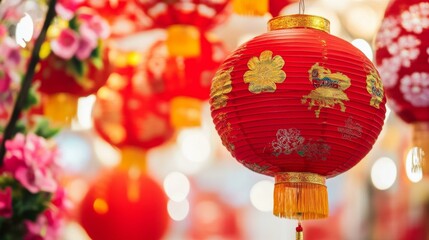 Red Chinese lanterns hanging from tree branches, illuminating evening sky with warm glow, festive ambiance.