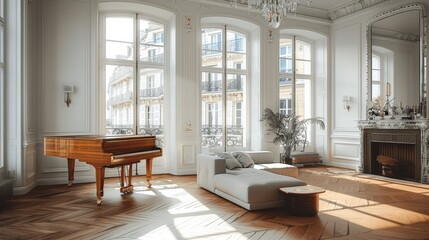 Modern Minimalist Living Room in Historic Parisian Building with Large Windows and Piano