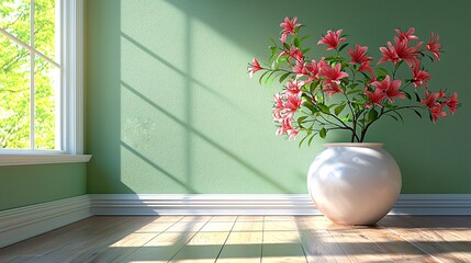 Pink Flowers in White Vase in Modern Room with Green Wall and Sunlight