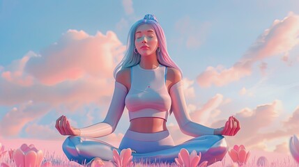 Wall Mural - Woman meditating, with soft pink and blue attire, a peaceful expression.