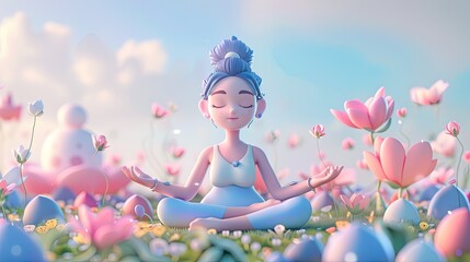 Wall Mural - Woman meditating, with soft pink and blue attire, a peaceful expression.