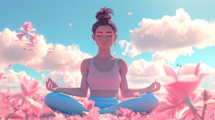 Wall Mural - Woman meditating, with soft pink and blue attire, a peaceful expression.