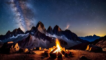 Campfire Under Starry Night With Mountain Peaks. Generative AI