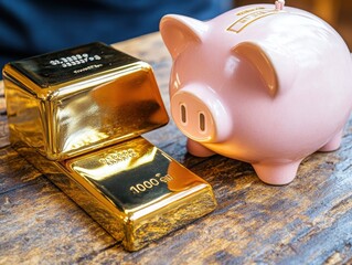 Gold Bar Next to Cute Piggy Bank