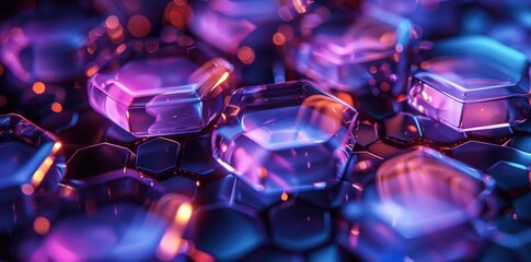 3D Render of Blue and Violet Glass Hexagons on Black Background