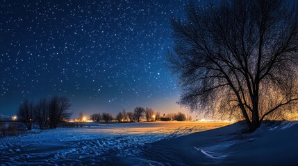 Wall Mural - Starry Winter Night Sky Over Snowy Landscape