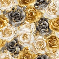 Wall Mural - seamless pattern of blooming roses with gold foil accents, adding a luxurious feel to the floral des