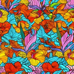 Wall Mural - seamless pattern of bold tropical flowers, including hibiscus and bird of paradise, in bright, contr