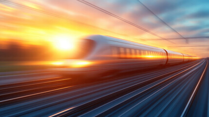 high speed train moves swiftly along tracks at sunset, creating dynamic blur of motion and vibrant colors. scene captures essence of travel and adventure