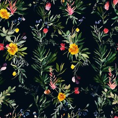 Wall Mural - seamless pattern of hand-painted watercolor floral arrangements featuring wildflowers and greenery, 