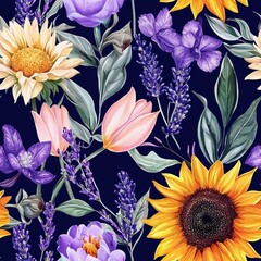 Wall Mural - seamless pattern of seasonal flowers such as sunflowers, tulips, and lavender, capturing the essence