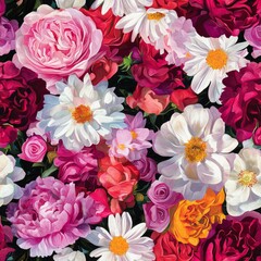 Wall Mural - seamless pattern of vibrant floral blooms in a mix of roses, peonies, and daisies, creating a lush g