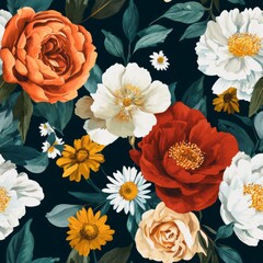 Wall Mural - seamless pattern of vibrant floral blooms in a mix of roses, peonies, and daisies, creating a lush g