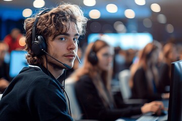 Focused call center worker with headset assisting customers in busy office