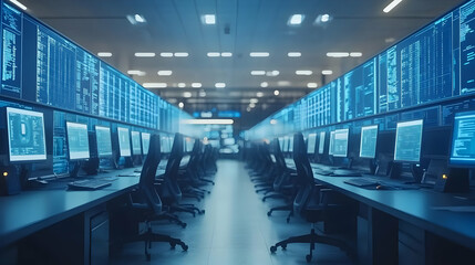 3D Illustration of Technology Data Center With Computer Monitors