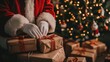© P.G - Santa gloved hands arranging gifts beneath a beautifully lit Christmas tree, cozy living room decor behind