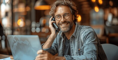 Happy businessman talking on the phone while working on laptop in modern office