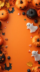 Halloween frame with a ghost, pumpkins, and candy on an orange background. The cute ghost and festive pumpkins create a fun Halloween atmosphere, ideal for seasonal decorations and designs.
