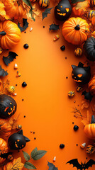 Halloween-themed border with black cats, pumpkins, bats, and candy on an orange background. The playful decorations and spooky vibe make it ideal for Halloween celebrations and fall decor.
