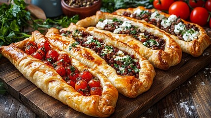 Enhanced image of Greek pide featuring a colorful filling assortment.