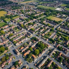 Aerial view of suburban neighborhood, rows of identical houses, residential streets, green lawns, urban planning, bird's eye perspective, suburban sprawl, grid pattern, rooftops, orderly development, 