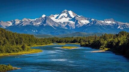 Wall Mural - A scenic view of a winding river flowing through a valley, with snow-capped mountains in the background.