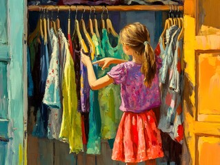 A young girl explores a colorful wardrobe filled with various clothing, showcasing her playful sense of style and imagination.