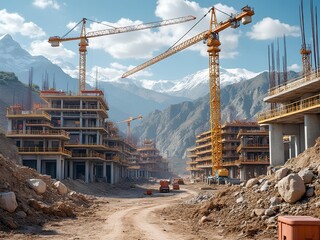 Construction site of a tall building in the mountain area with yellow cranes