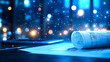 © Pure Shot - Blueprint on table with sparkles, futuristic technology concept, glowing digital data, innovative design.