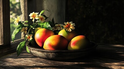 Fresh Mangoes and Flowers in a Bowl on a Table