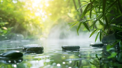 Poster - A serene landscape featuring a misty water surface with smooth stones and lush greenery illuminated by gentle sunlight.
