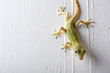 A khaki colored gecko is climbing up a white wall with dripping slime seeping down from above, animal climb, isolated gecko, reptile, rocky surface, khaki gecko