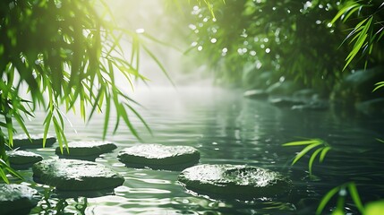 Poster - A serene natural scene featuring tranquil water, bamboo leaves, and smooth stones, illuminated by soft sunlight.