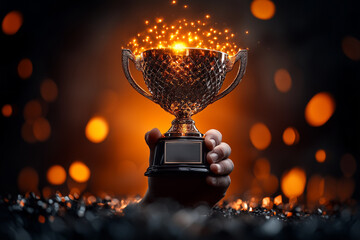 Golden cup award trophy in the hands of the winner on a black background..