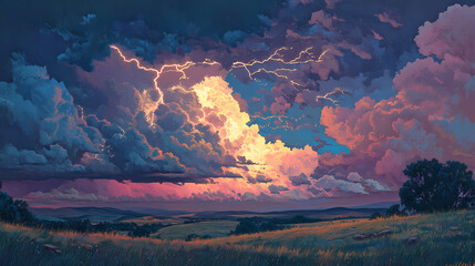 Dramatic cumulonimbus clouds fill the darkening sky as a vibrant bolt of lightning illuminates the air, casting an otherworldly glow over the rolling landscape. Rolling Thunderclouds. Illustration