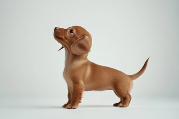 the beside view baby Dachshund standing, left side view, low angle, white copy space on right, Isolated on White Background