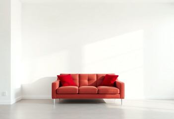 Wall Mural - minimal room with red sofa interior and blank wall copy space background