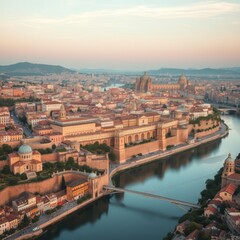 Aerial view of Florence Italy, Arno River, Ponte Vecchio bridge, historic architecture, Tuscan hills, sunset lighting, warm color palette, cityscape, Renaissance buildings, Duomo cathedral dome, urban