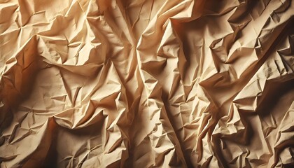 Fototapete - A textured close-up view of crumpled brown paper, showcasing intricate folds and shadows that create a visually engaging pattern.