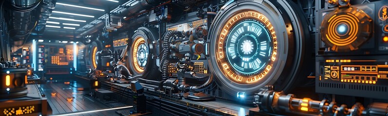 Poster - A futuristic, illuminated corridor filled with high-tech machinery, glowing interfaces, and intricate designs resembling a sci-fi environment.