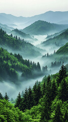 misty foggy mountain landscape with fir forest and copyspace