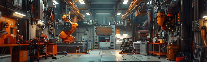 Poster - A spacious industrial workshop featuring robotic arms, machinery, and a well-lit environment, showcasing modern automation technology.
