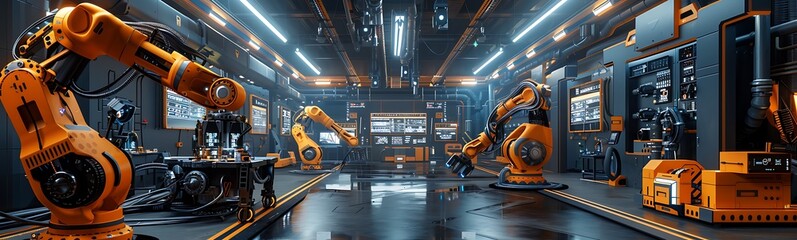 Aufkleber - A futuristic industrial scene featuring robotic arms in a high-tech factory environment, illuminated by bright lights and equipped with advanced machinery.