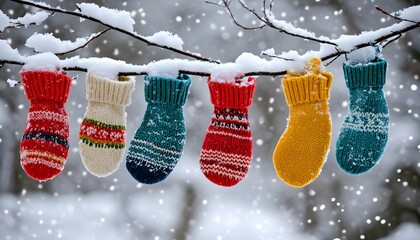 Colorful Knit Mittens Hanging from a Snowy Branch