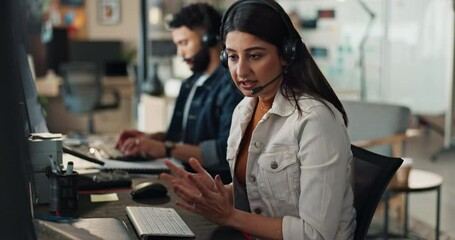 Aufkleber - Telemarketing, headphones and business people with call center, conversation and help desk. Headphones, employees and consulting agency with customer support, friendly service or talking in office