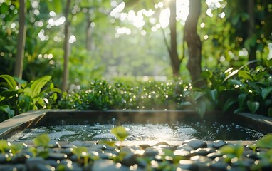 Poster - A tranquil garden scene featuring a reflective water surface surrounded by lush greenery and dappled sunlight.
