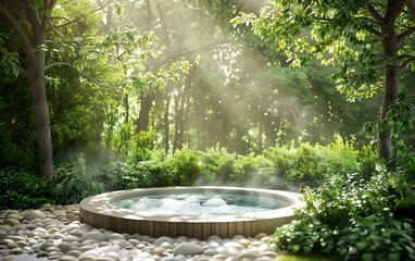 Poster - A serene hot tub nestled in a lush, sunlit forest, surrounded by greenery and stones, creating a peaceful, tranquil atmosphere.