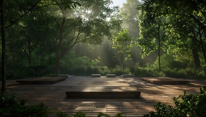 Poster - A serene forest scene bathed in sunlight, featuring a wooden platform surrounded by lush greenery and soft beams of light filtering through the trees.